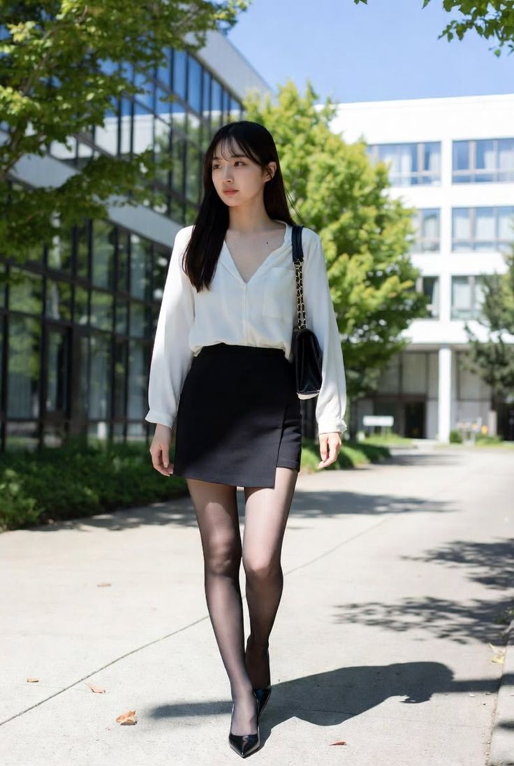 Woman in a white blouse and black skirt walking outdoors on a sunny day