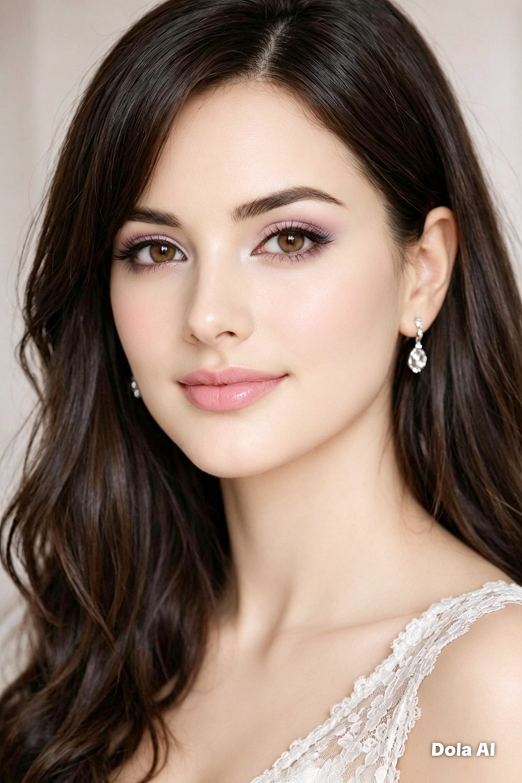 Woman with long brown hair and pink makeup wearing a lace top and earrings
