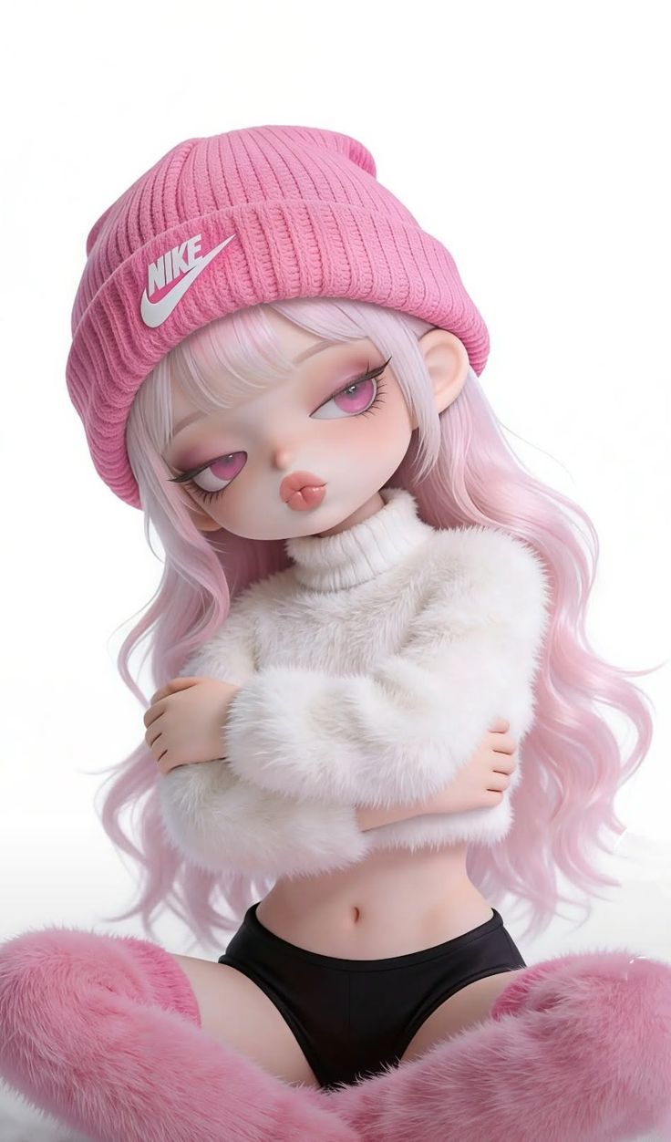 3D render of a girl with pink hair, wearing a pink beanie and fuzzy white sweater