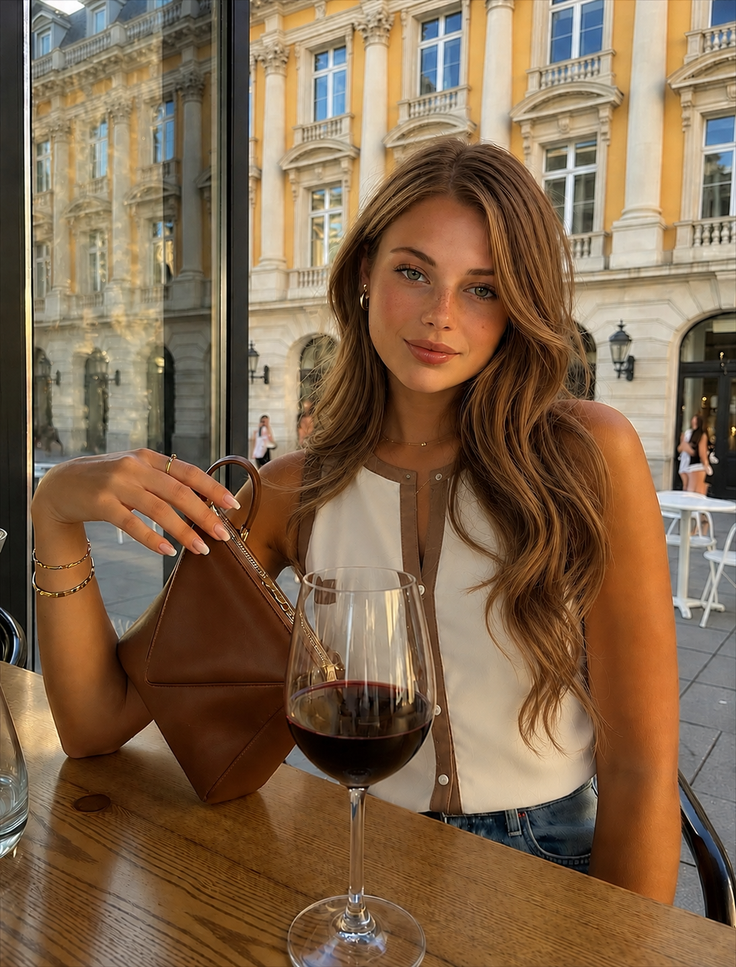 Woman with long hair at an outdoor cafe with a glass of wine