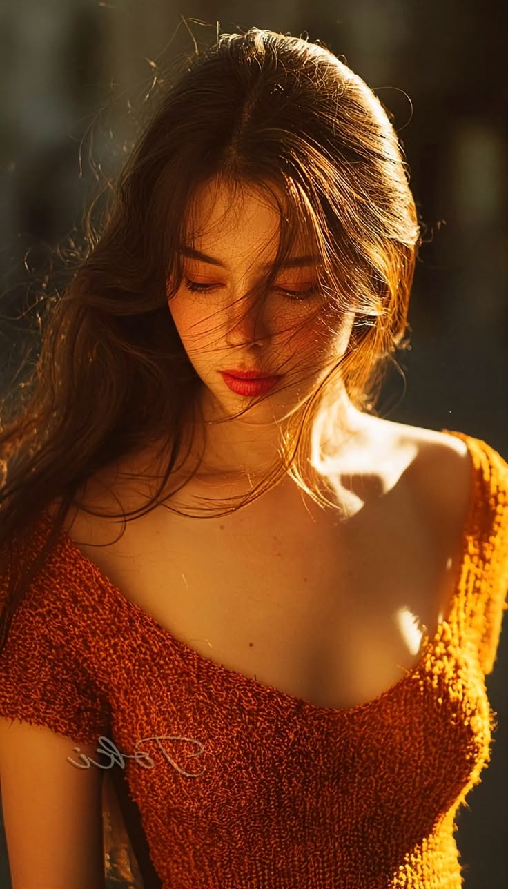 Woman with long hair and red lipstick in an off-shoulder top at golden hour
