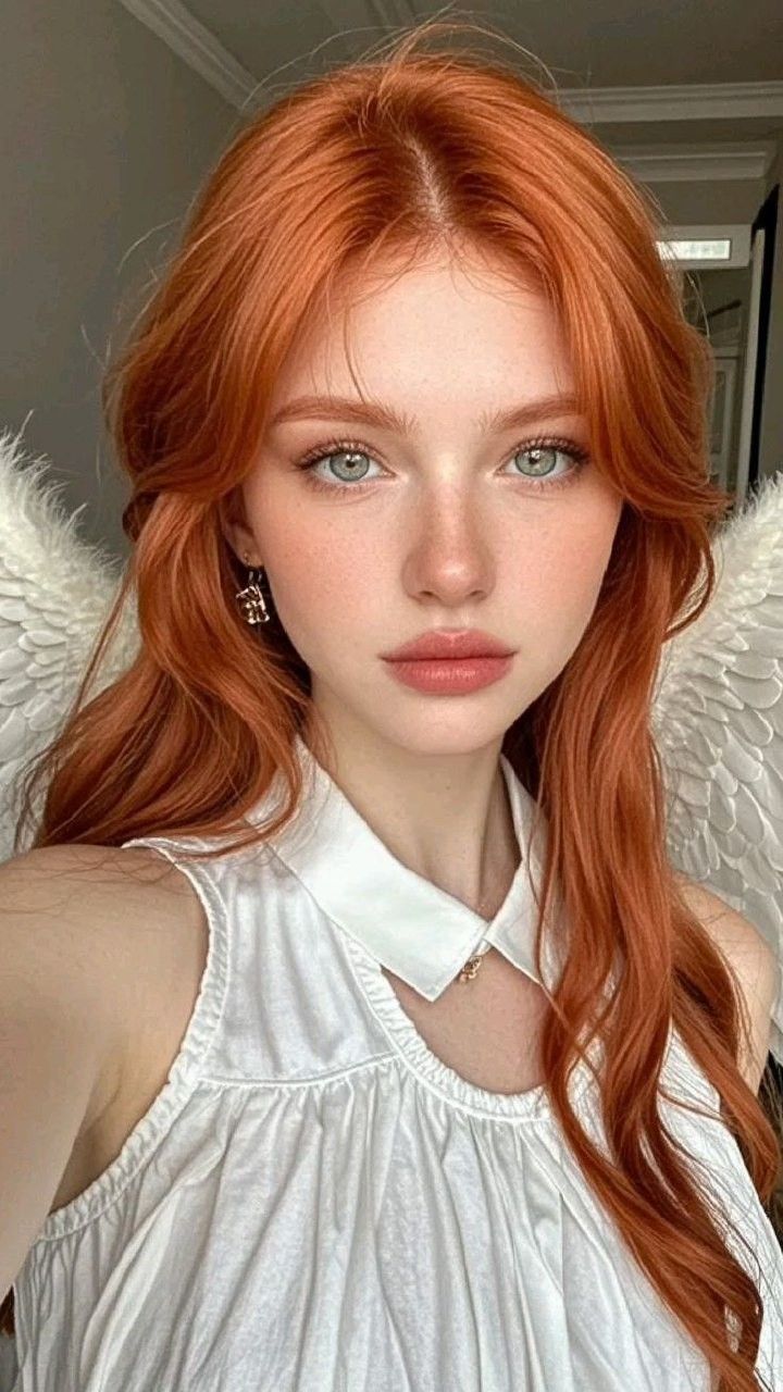 Woman with red hair and blue eyes wearing a white top and angel wings
