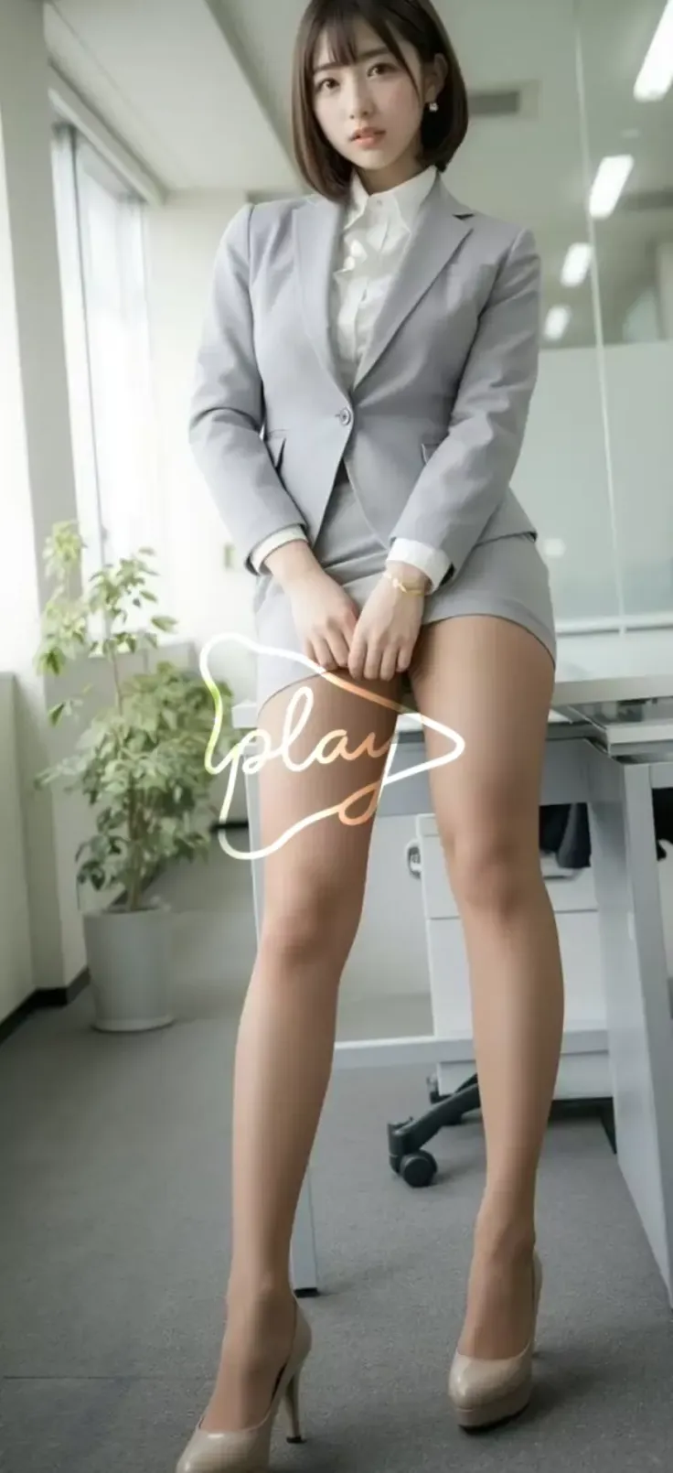 Woman in a light gray business suit and high heels in an office setting