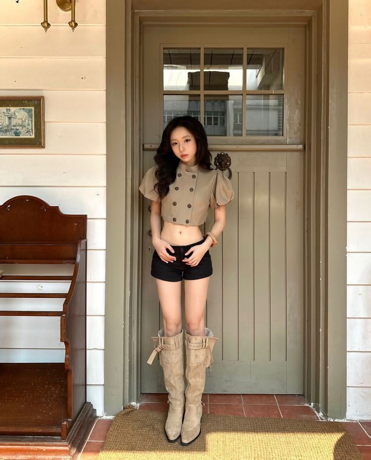 Woman in a crop top, black shorts, and knee-high boots standing outdoors