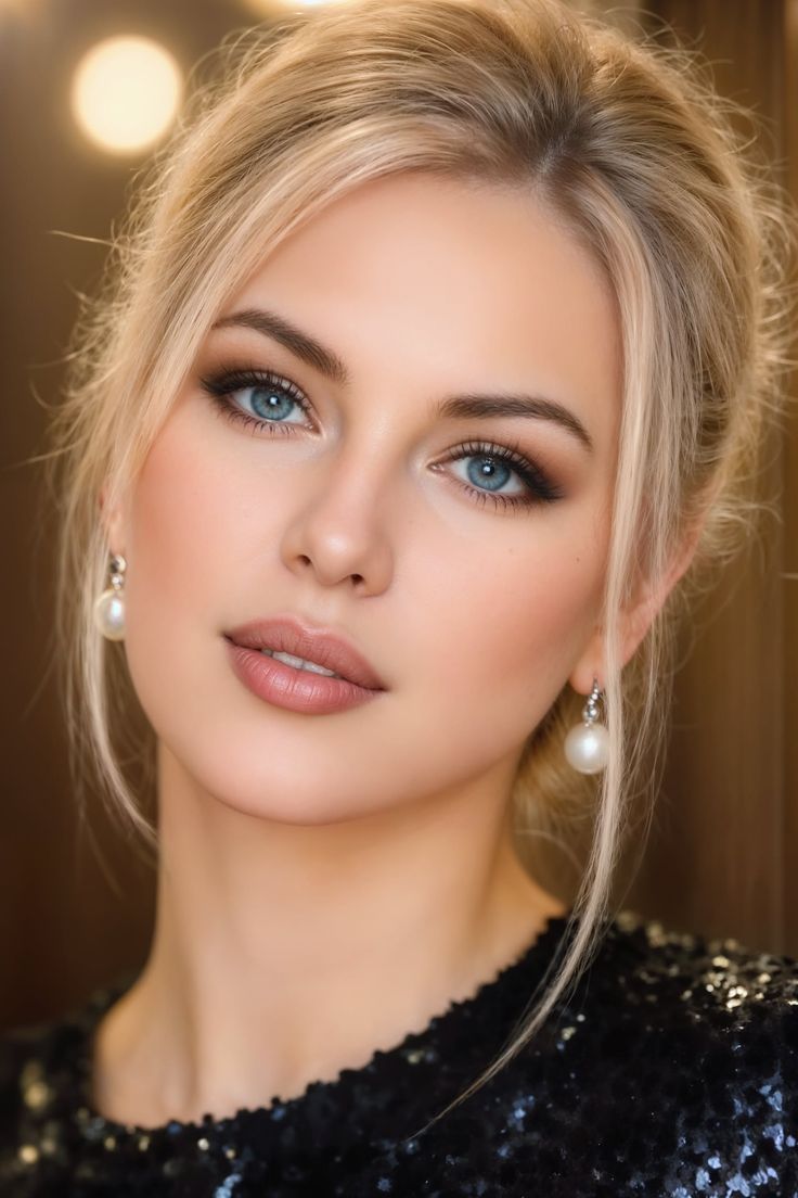Close-up portrait of a woman with blonde hair and blue eyes wearing pearl earrings