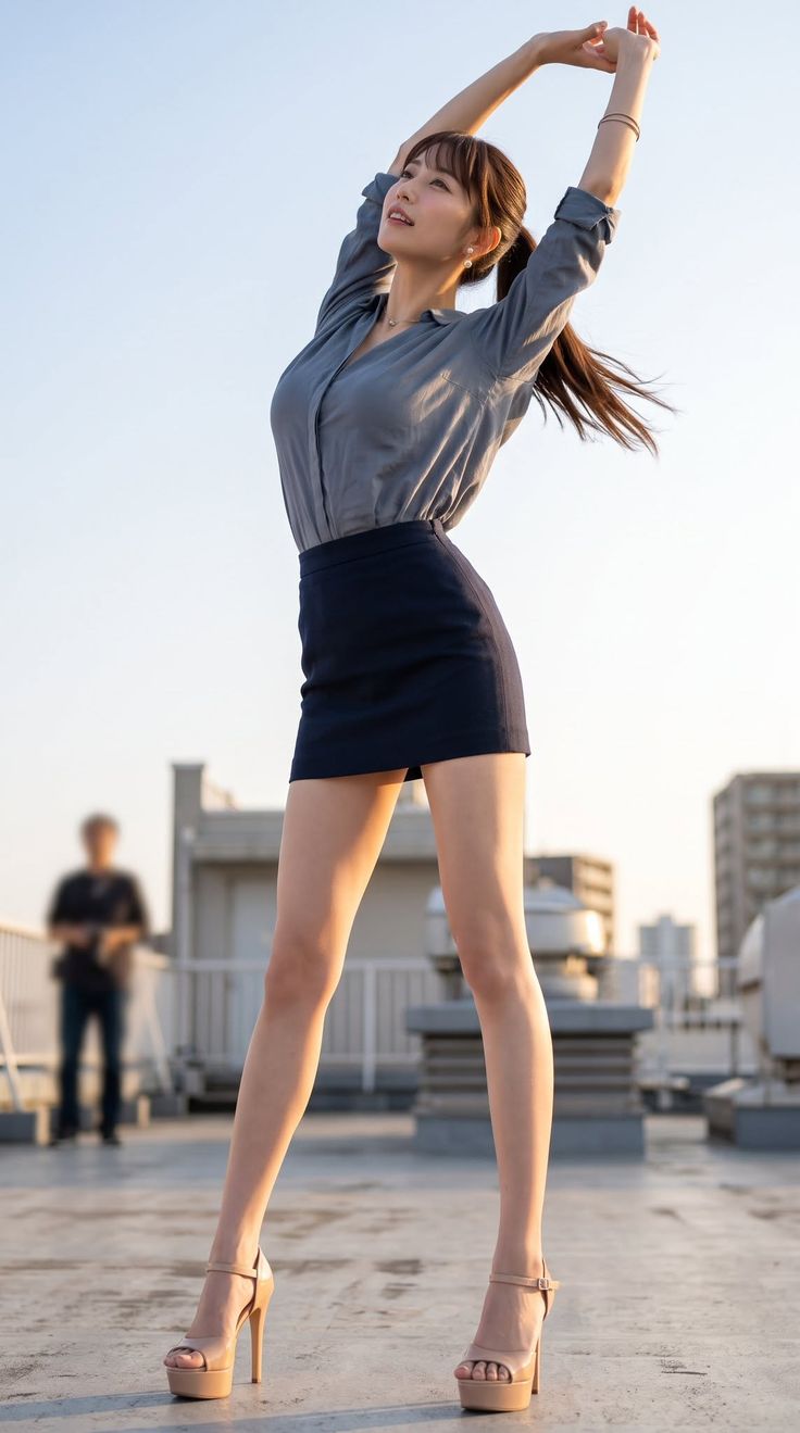 Woman in a mini skirt and high heels stretching on a rooftop