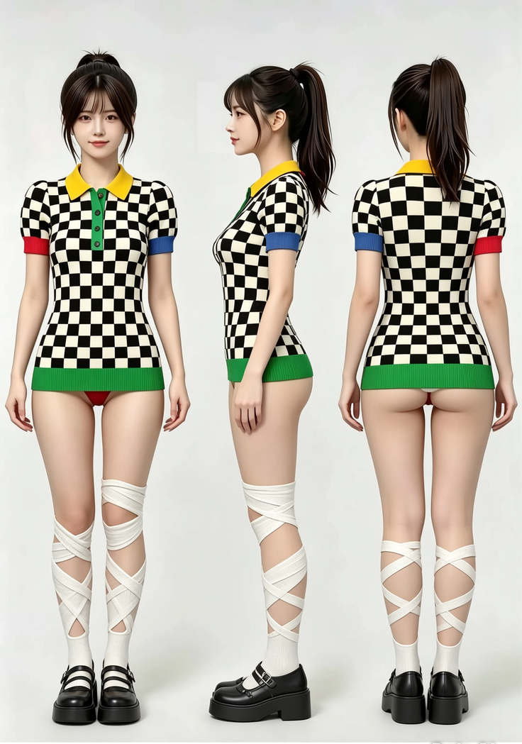 Woman in a checkered top and red underwear with strappy socks, shown in multiple views