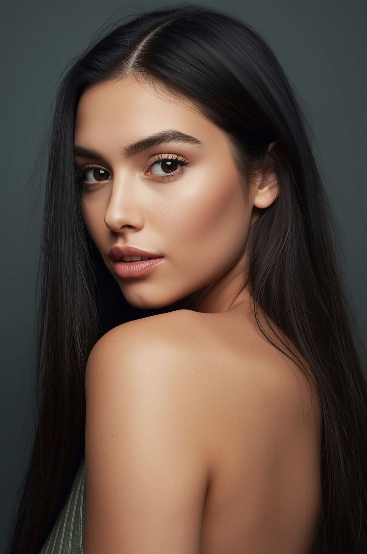 Woman with long black hair and bare shoulders looking over her shoulder