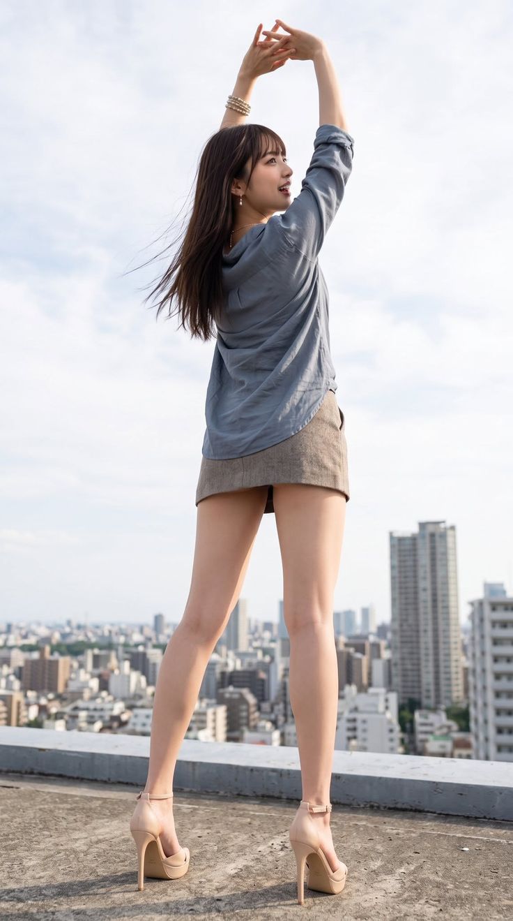 Woman in a blue shirt and mini skirt stretching on a rooftop overlooking a city