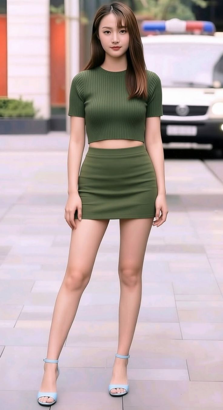 Woman in a green crop top and mini skirt with high heels outdoors