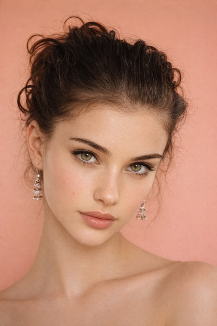 Woman with green eyes and an updo hairstyle wearing earrings