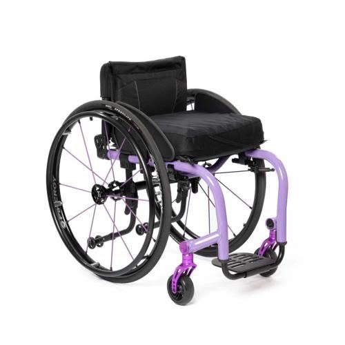 A purple and black wheelchair on a white background