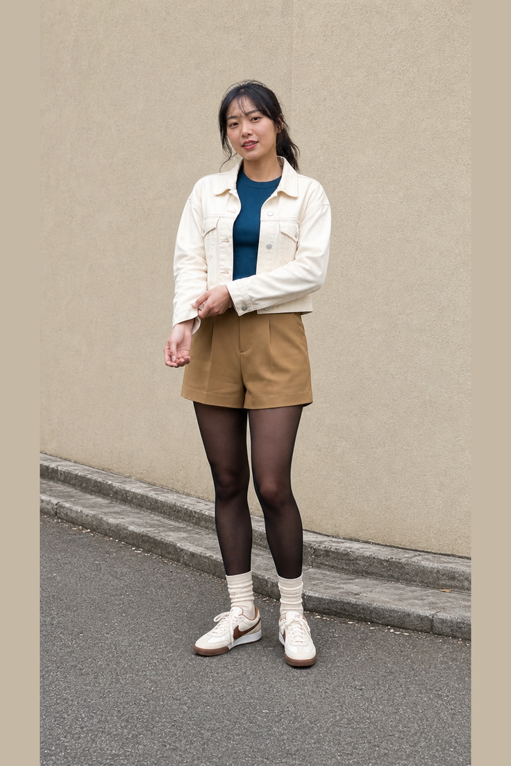 Woman in a cropped jacket, brown shorts, and black tights standing outdoors