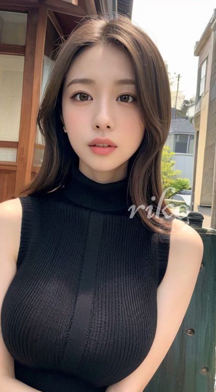 Woman with long brown hair wearing a black turtleneck top outdoors