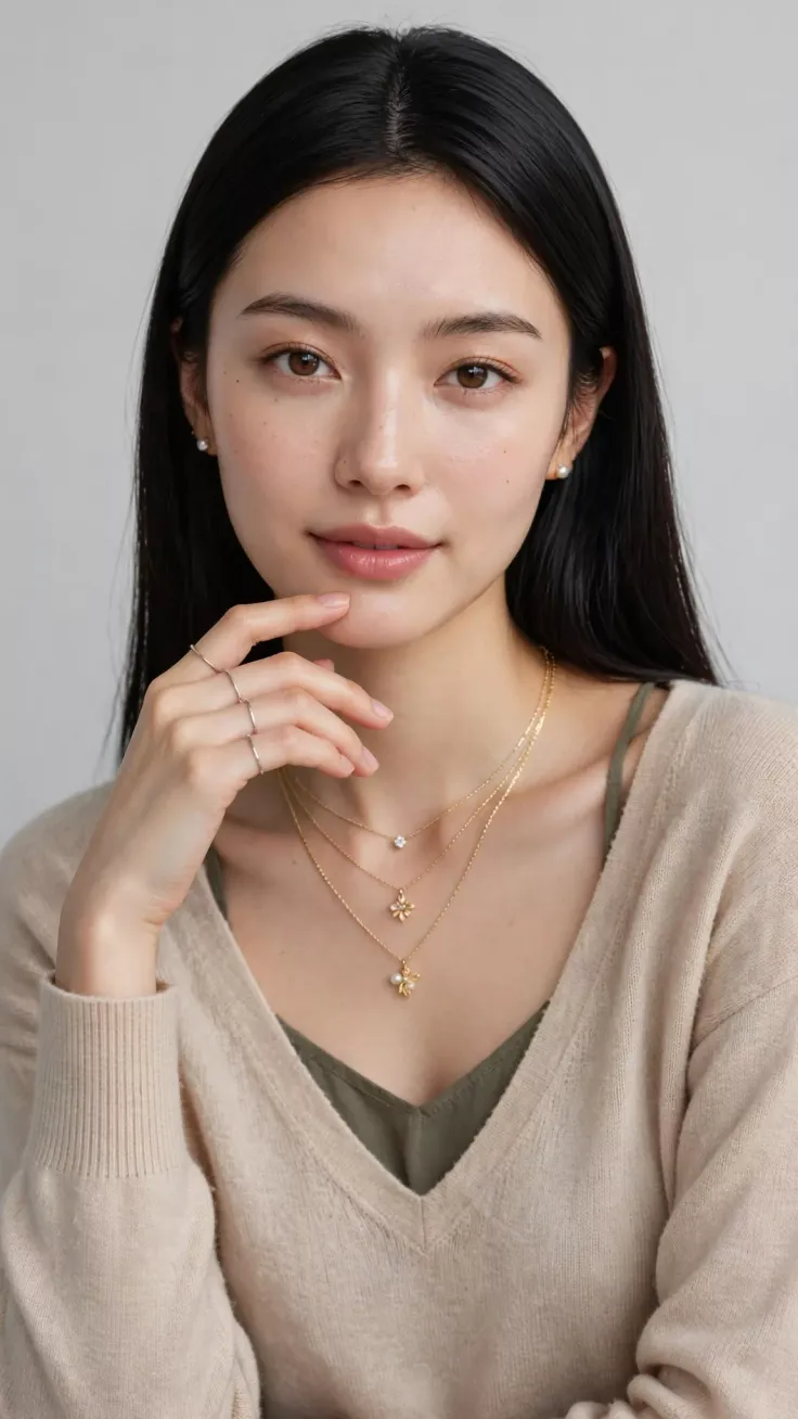Woman with long dark hair wearing layered necklaces and a v-neck sweater
