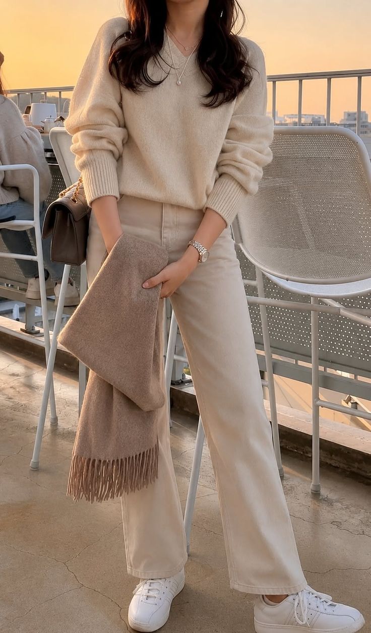 Woman in a beige sweater and wide leg pants on a rooftop at golden hour