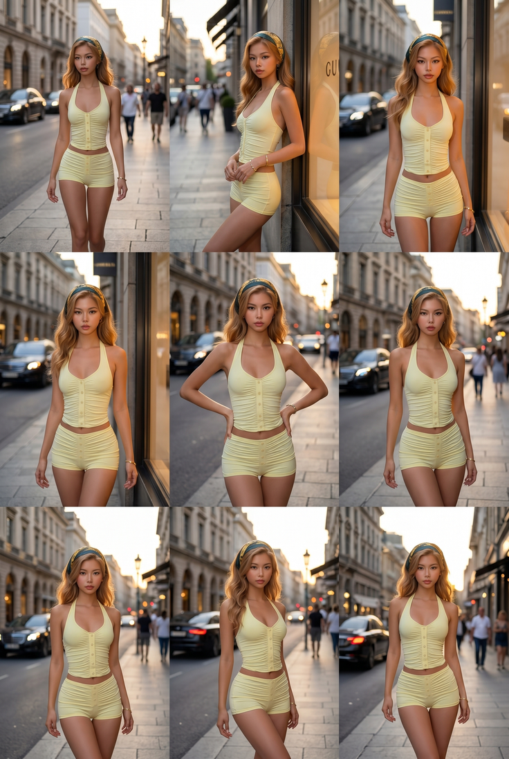 Woman in a yellow halter top and shorts on a street at golden hour