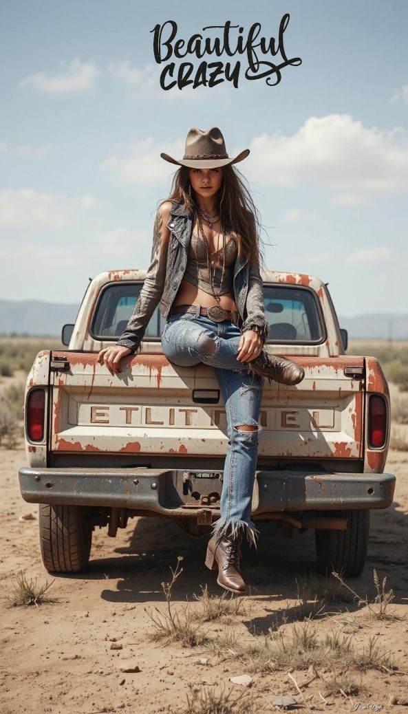 Woman in a cowboy hat and ripped jeans sitting on the tailgate of a truck