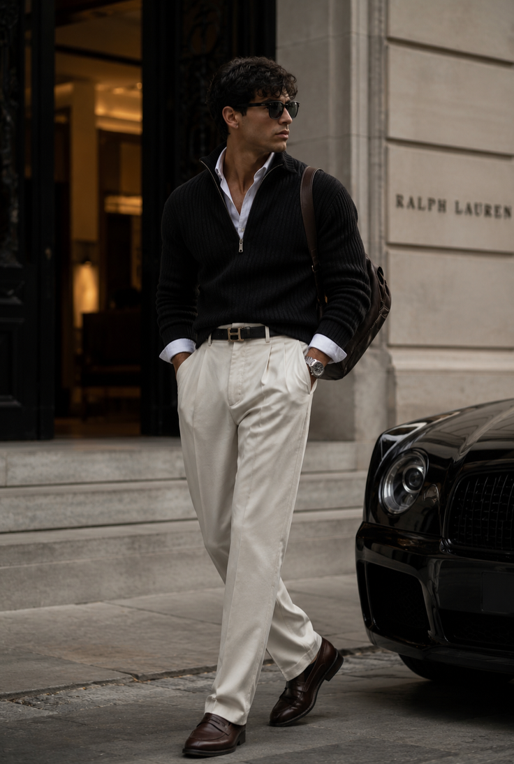 Man in a black sweater and beige pants walking on a city street