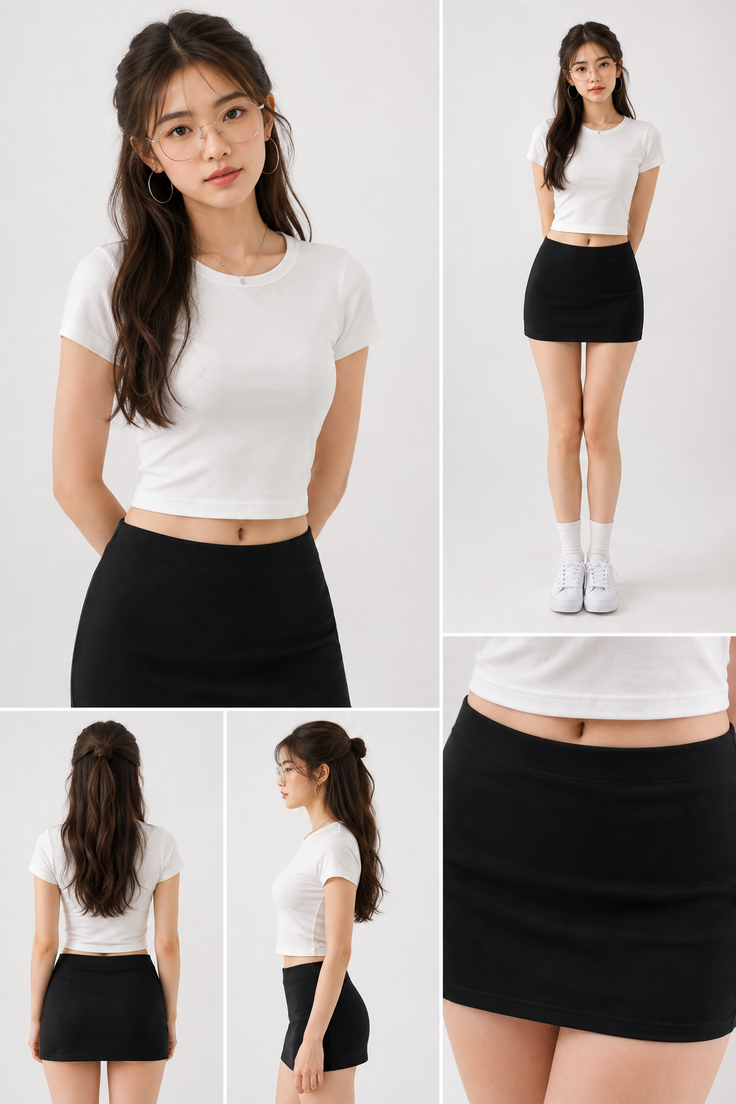 Woman in a white crop top and black mini skirt posing in a studio