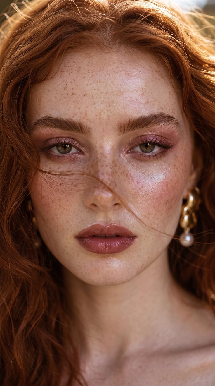 Close up portrait of a woman with red hair, freckles, and green eyes