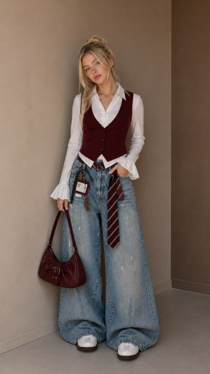 Blonde woman in a white shirt, red vest, and wide leg jeans holding a red handbag