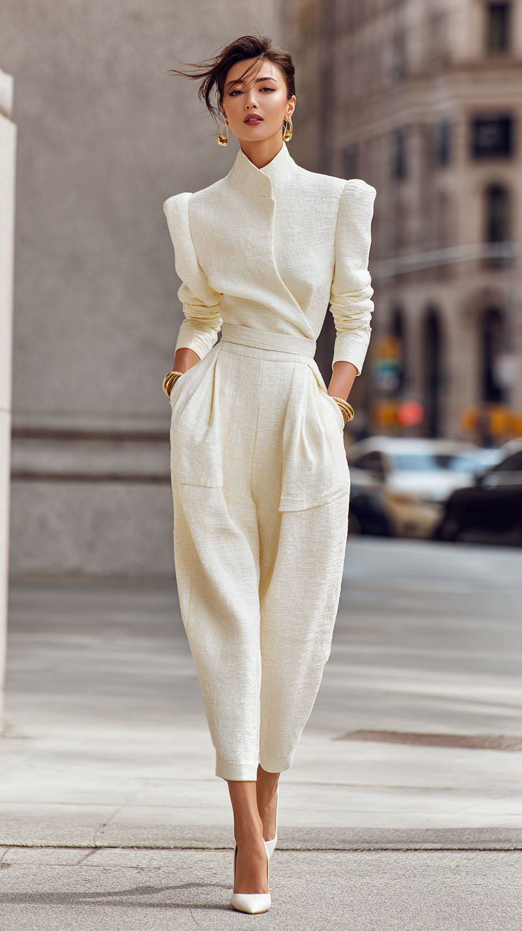 Woman in a white jumpsuit with puffy sleeves and gold jewelry on a city street