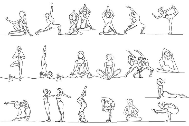 Multiple figures in various yoga poses depicted in continuous line art