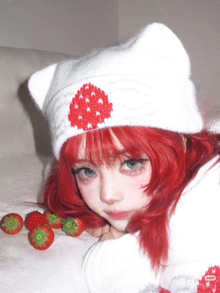 Person with bright red hair and a white beanie with a strawberry print