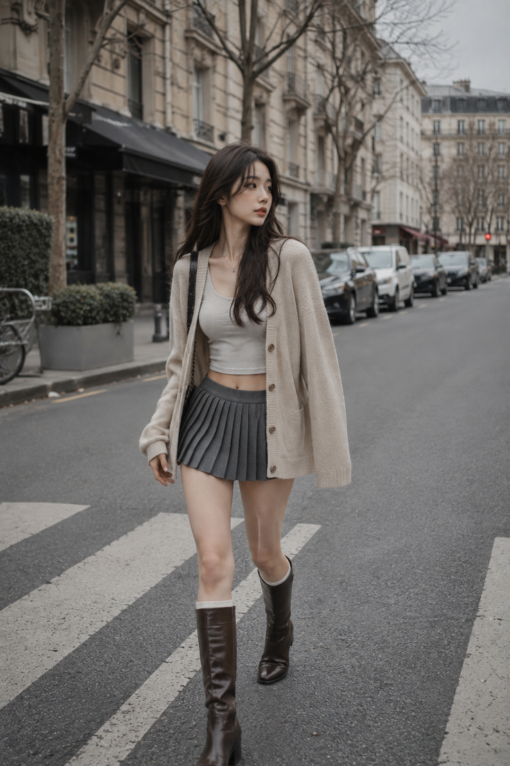 Woman in a pleated skirt and crop top walking on a city street