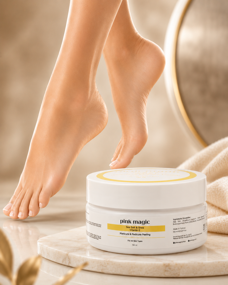 Feet above a jar of Pink Magic manicure and pedicure peeling on a marble surface
