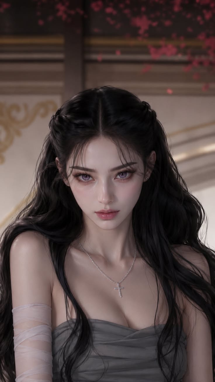 Woman with long black hair and purple eyes wearing a strapless top and cross necklace