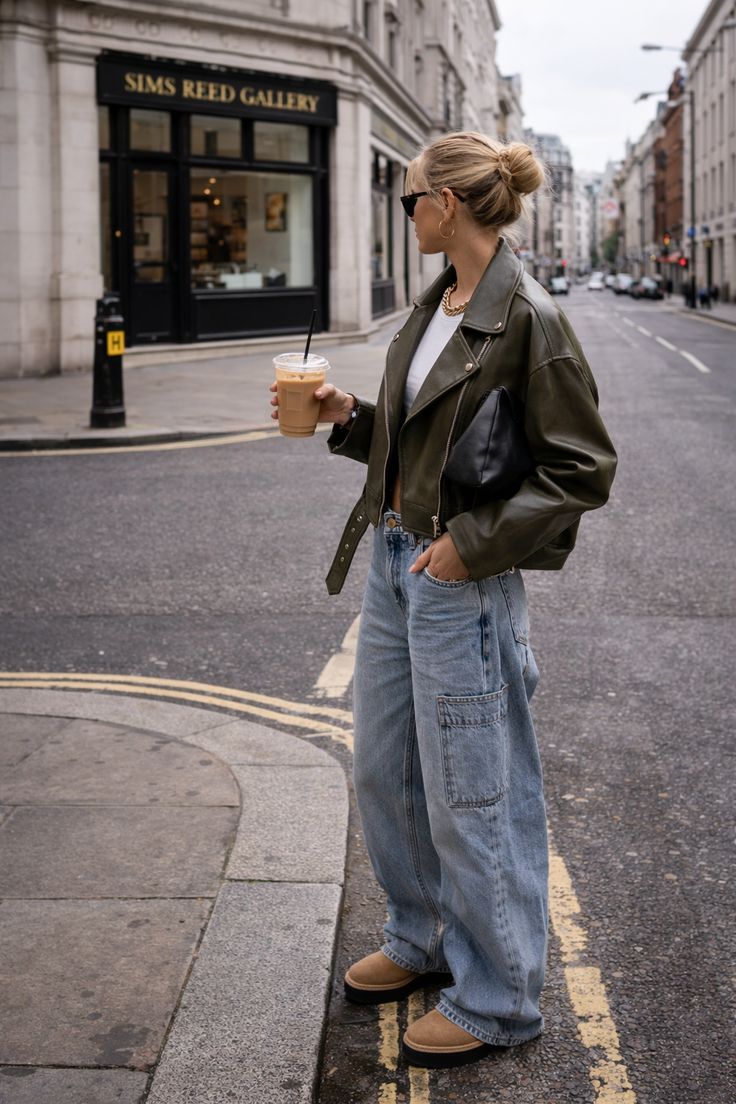 Woman in a green leather jacket and baggy jeans holding an iced coffee on a city street