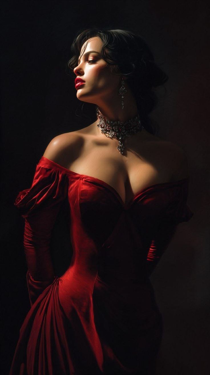 Woman in a red off-shoulder dress with a choker and dramatic lighting