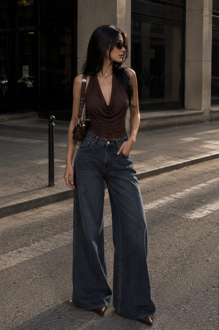 Woman in a brown halter top and wide leg jeans on a city street