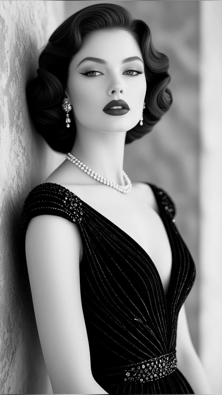 Woman in a black dress with deep cleavage and pearl necklace in vintage style