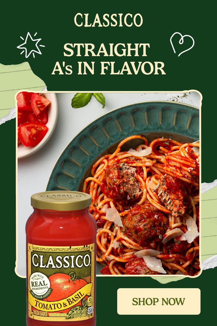 Spaghetti with meatballs and tomato sauce, garnished with parmesan and basil