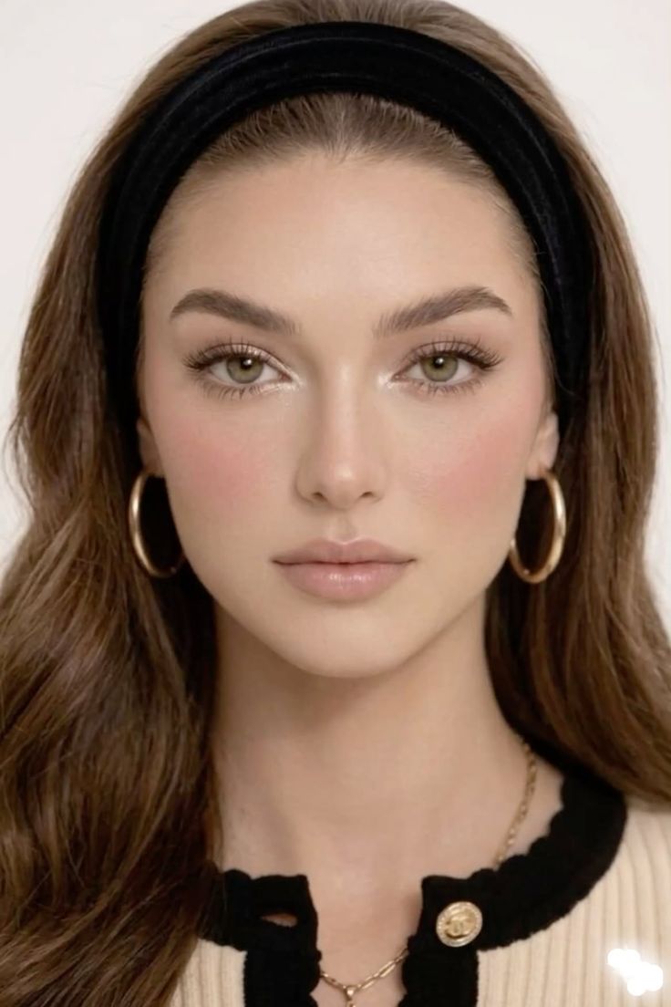 Woman with long brown hair and a black headband wearing gold hoop earrings