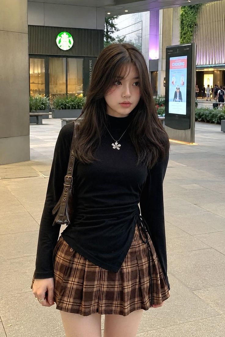 Young woman with long hair wearing a black top and plaid skirt outdoors