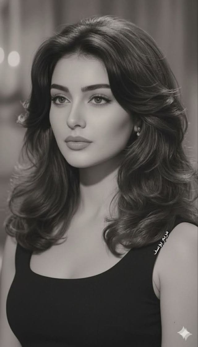 Woman with long wavy hair and earrings in a black and white portrait