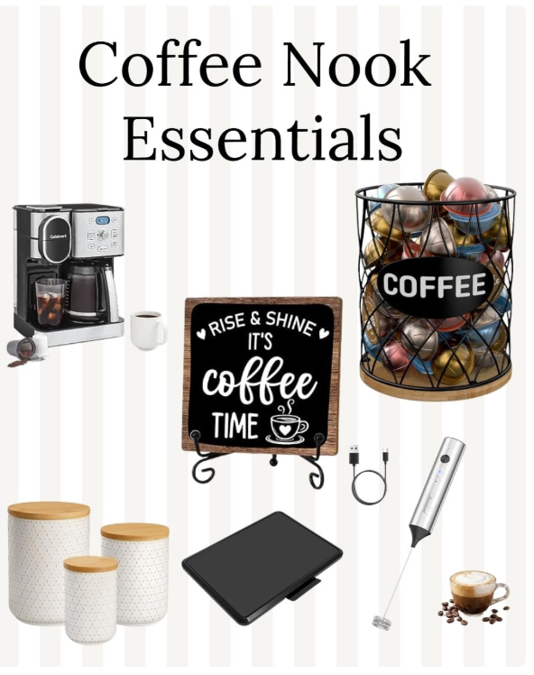 A collection of coffee nook essentials including a coffee maker and pods
