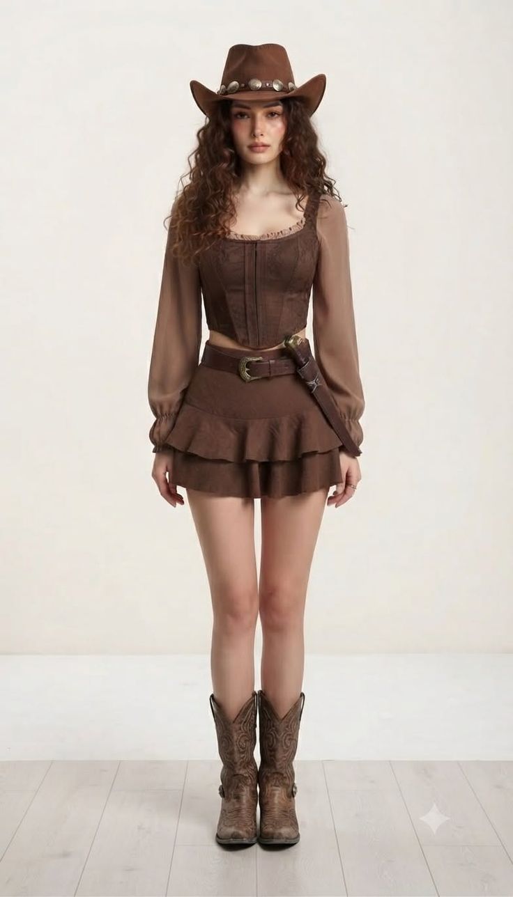 Woman in a brown cowboy hat and matching outfit with cowboy boots
