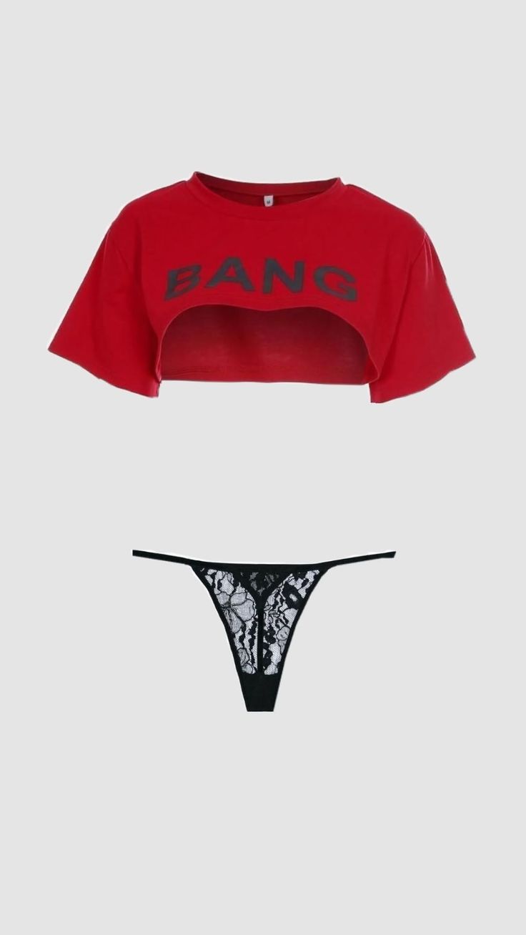 Red crop top with 'BANG' text and black lace thong on a white background