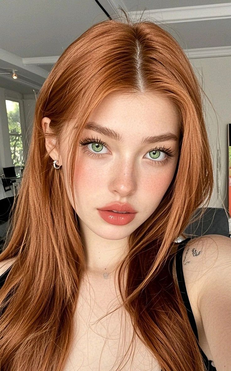 Woman with long red hair, green eyes, and freckles looking at the viewer
