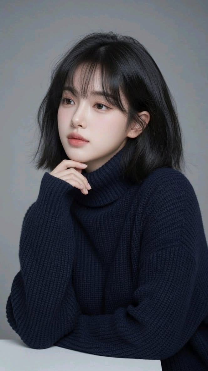 Woman with short black hair wearing a dark blue turtleneck sweater in a studio
