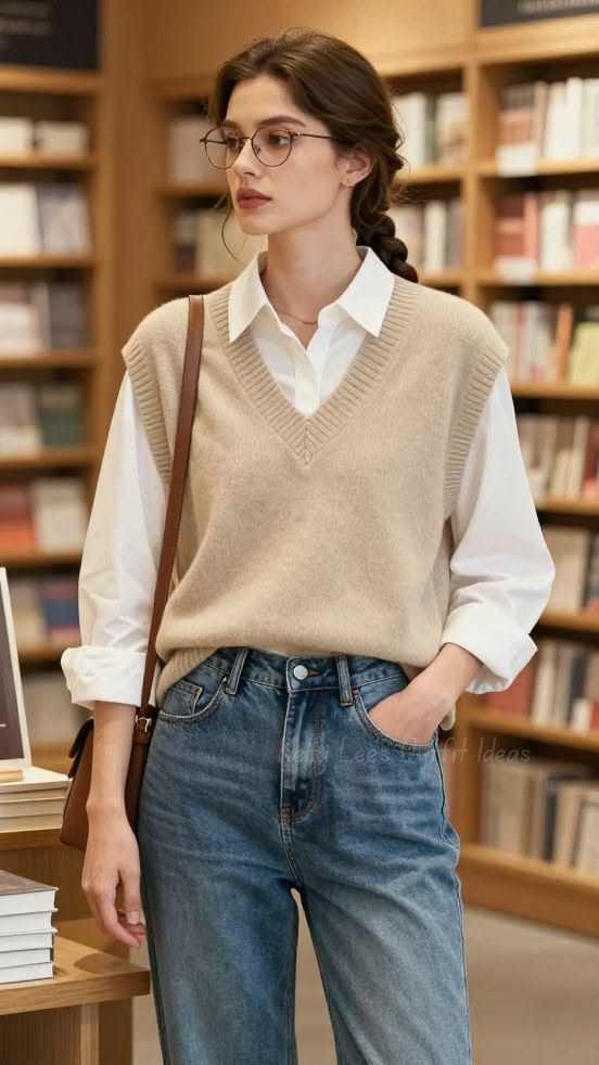 Woman in glasses and a sweater vest standing in front of a bookshelf