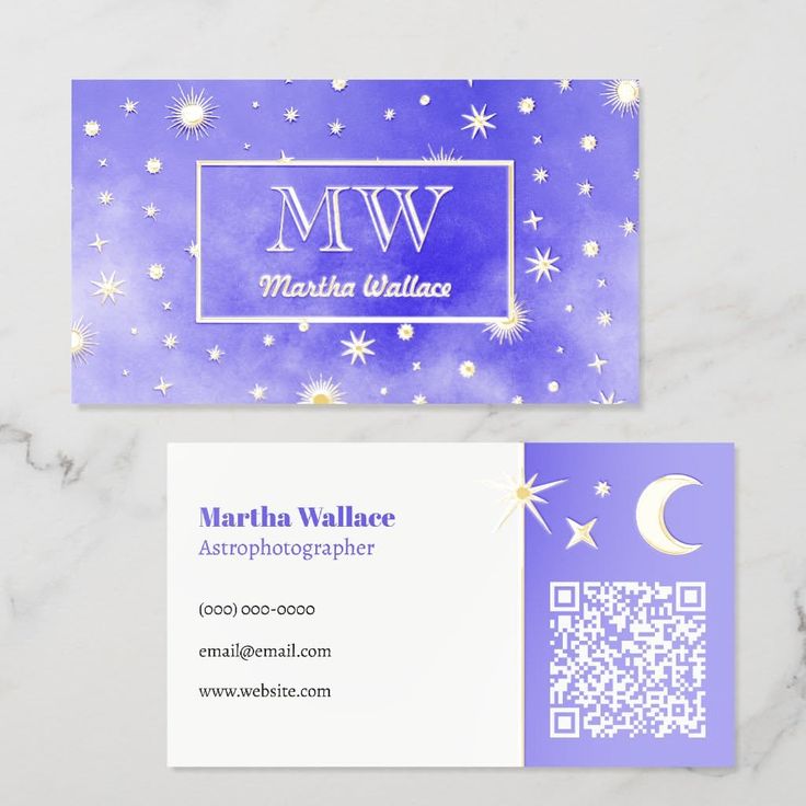 Business card with a celestial theme, purple background, and gold accents