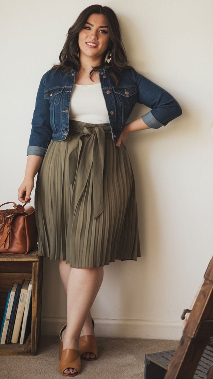 Woman in a denim jacket and pleated skirt posing indoors