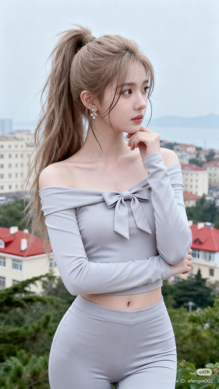 Woman with a high ponytail wearing an off-shoulder crop top outdoors