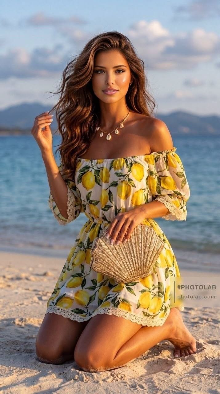 Woman in a lemon print dress kneeling on a beach at golden hour